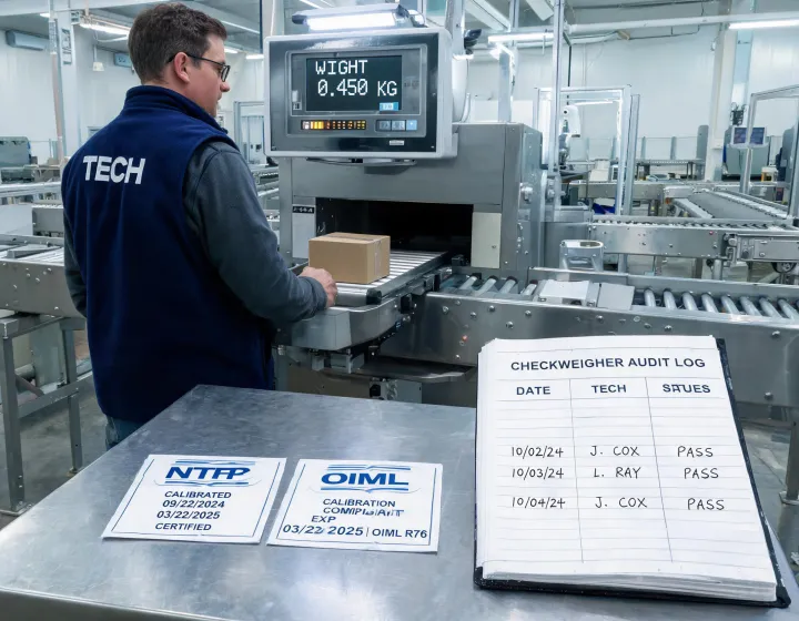 Packaging line technician reviewing checkweigher calibration records