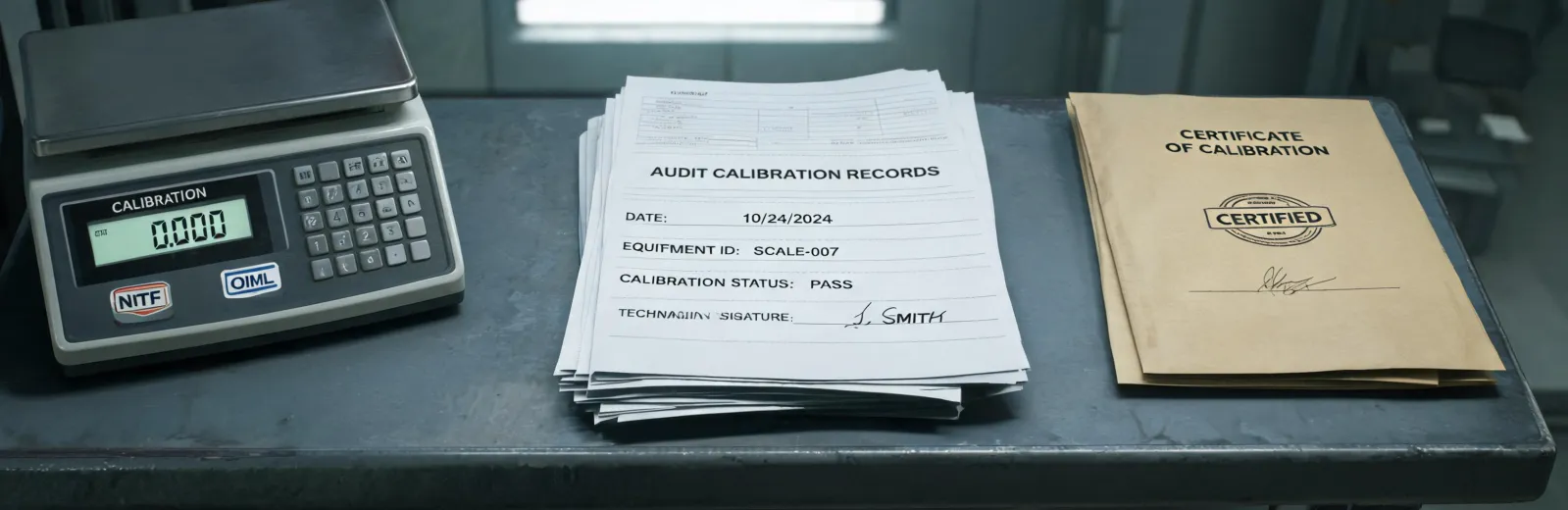 Calibration desk with audit records and weighing instruments