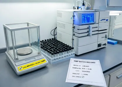 Analytical laboratory balance and sample workflow