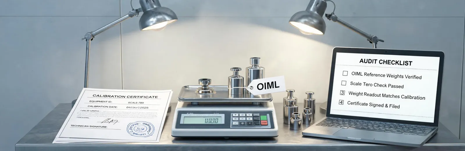 Signed calibration certificate packet on a weighing station